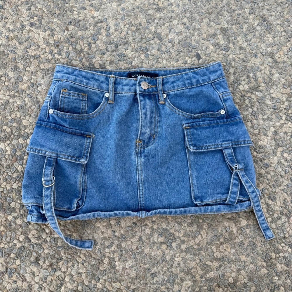 Blue Denim Mini Skirt with Pockets